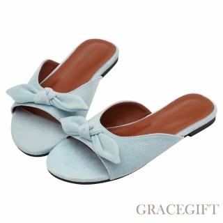 【Grace Gift】日雜女孩絨面蝴蝶結寬帶平底拖鞋 (藍)