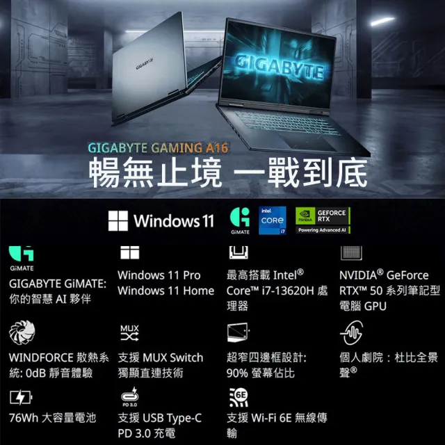【GIGABYTE 技嘉】16吋 i5-13420H RTX5060 電競筆電(A16 CVHH3TW893SH/16G/512G/Win11/WUXGA)