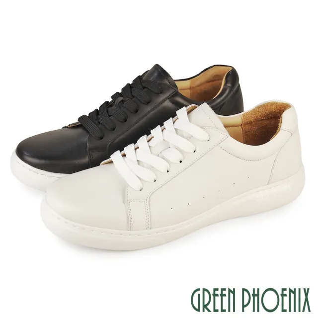 【GREEN PHOENIX 波兒德】男 休閒鞋 小白鞋 真皮 吸震減壓 手縫大底 綁帶(白色、黑色)