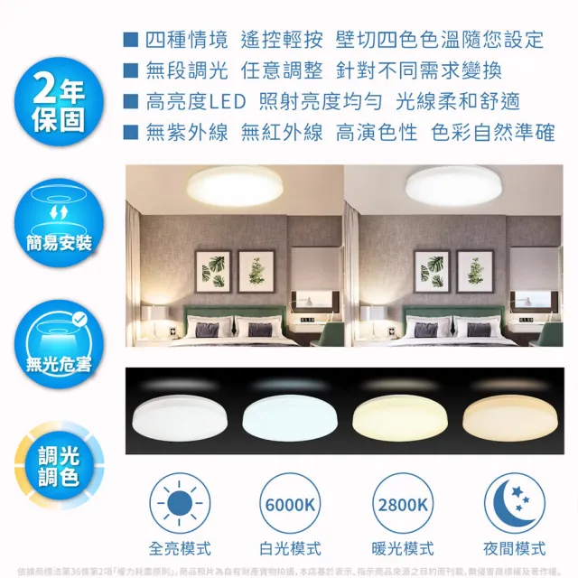 【Everlight 億光】2入組 50W星晴適用5-6坪調光調色LED吸頂燈 全電壓_天花板燈具/遙控切換/四種情境(最暢銷