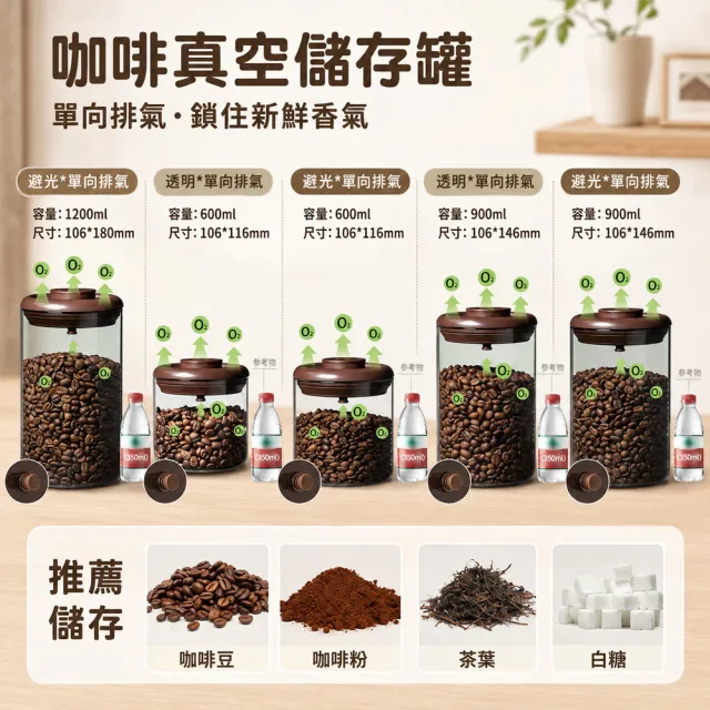 ANKOU安扣 1200ml透明款單向排氣 按壓式手工高硼矽咖啡豆玻璃密封罐(防潮/真空保鮮儲存罐)