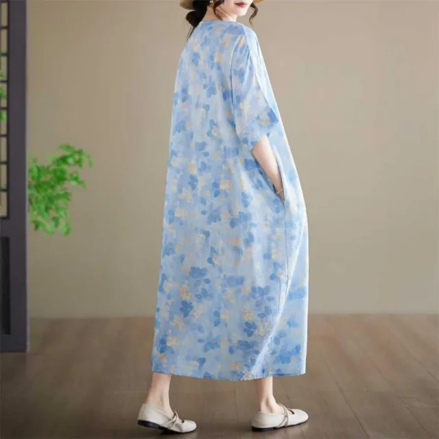 【漂亮小媽咪】夏日 棉麻 短袖 花卉 印花 洋裝 長裙 中大尺碼