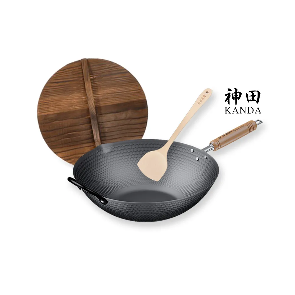 【神田】KANDA 日本製 窒化鐵 槌目紋 無塗層鐵炒鍋 鐵鍋 IH爐可用鍋 33cm(贈原木鍋蓋+木鏟)