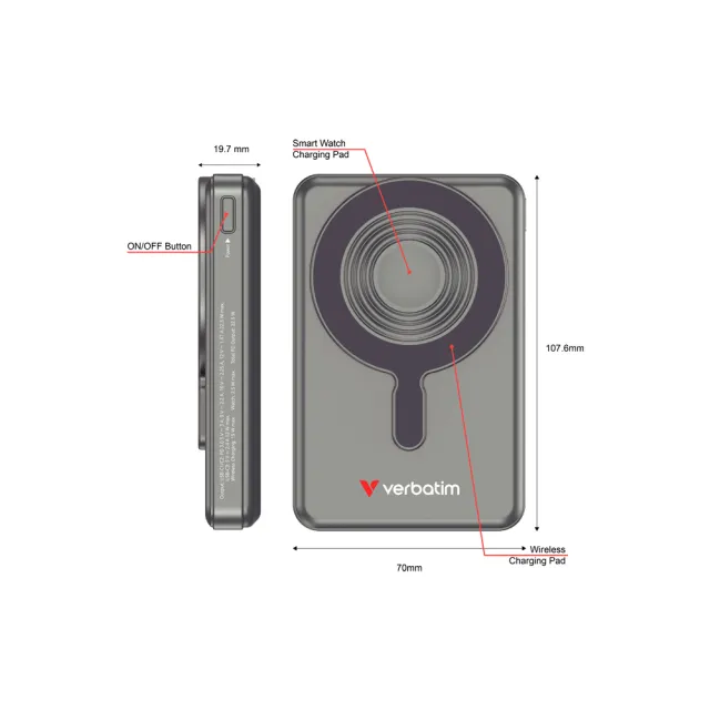【Verbatim 威寶】10000mAh Charge n Go 磁吸無線行動電源（雙TYPE-C 整合線＋顯示幕）