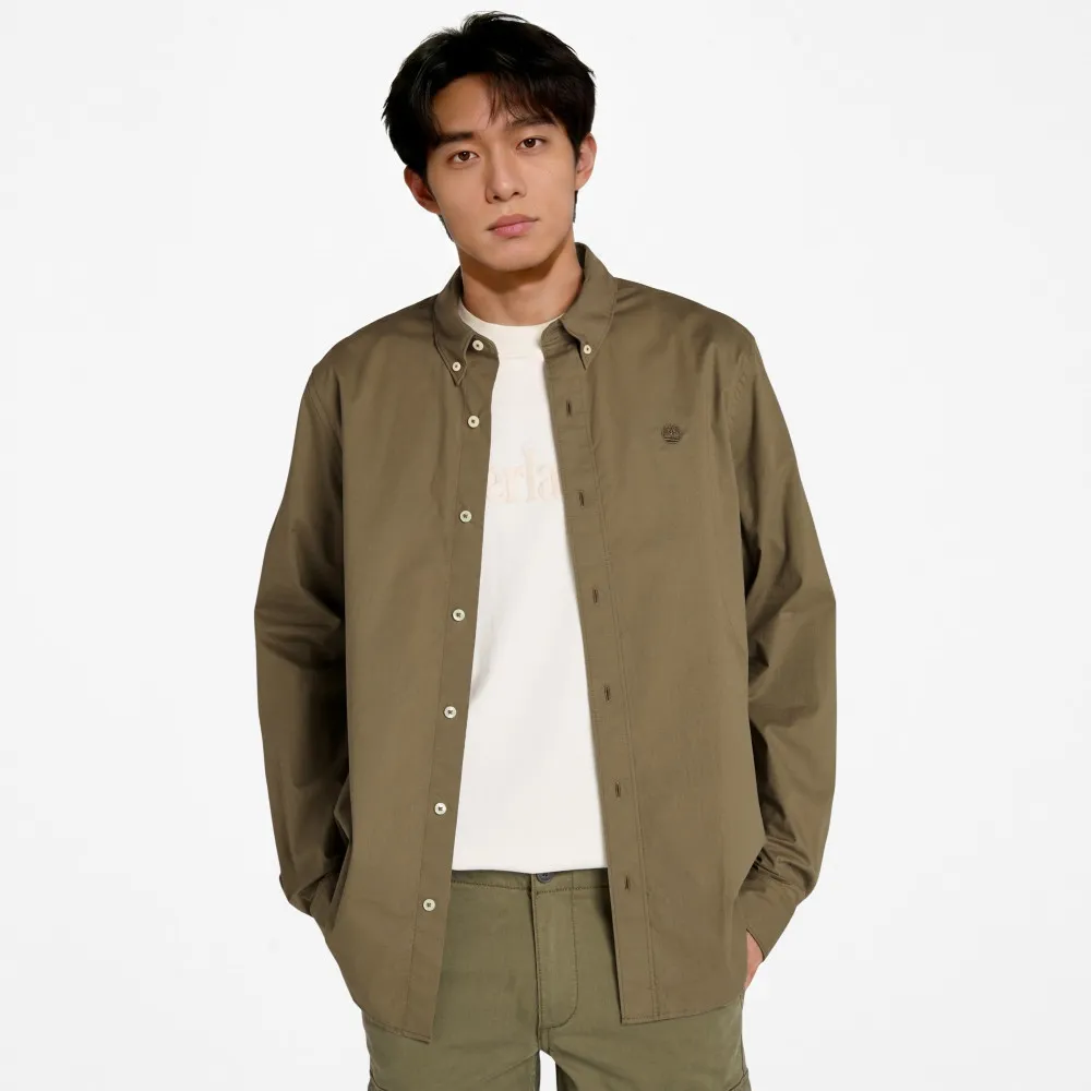 【Timberland】男款灰綠色彈性府綢長袖襯衫(A2ANC590)