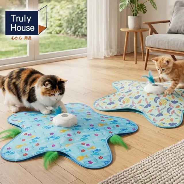 【Truly House】海洋動物捕獵逗貓墊 寵物貓咪自動轉盤玩具 毛孩 貓 狗(兩色任選)