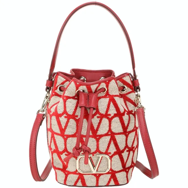【VALENTINO 范倫鐵諾】Toile Iconographe 羊皮拼緹花布手提/斜背水桶包(紅色)