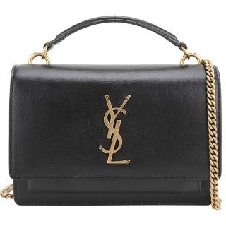【YSL】Saint Laurent SUNSET 小型 復古銅金Logo 牛皮翻蓋斜背/手提 兩用包(黑色)