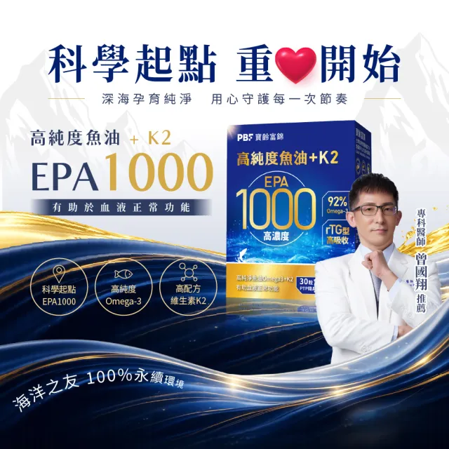 【寶齡富錦】EPA 1000 高純度魚油+K2 3入組(30顆1入/Omega-3/維生素K2)
