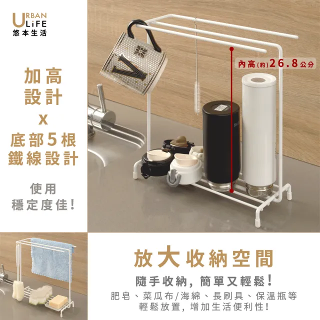 【URBAN LiFE 悠本生活】廚房抹布&菜瓜布多功能收納置物鐵線架(台灣製晾曬瀝水架浴室廚房流理台水槽置物架)