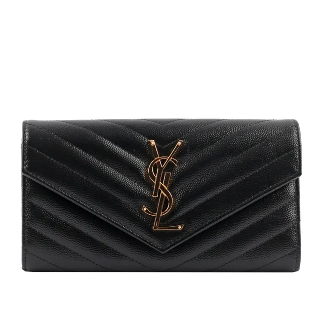 【YSL】山形紋荔枝皮金字logo釦式長夾(黑色)