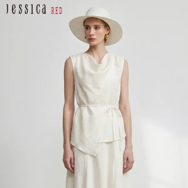 【Jessica Red】氣質天絲亞麻垂墜領無袖上衣R63306（白）