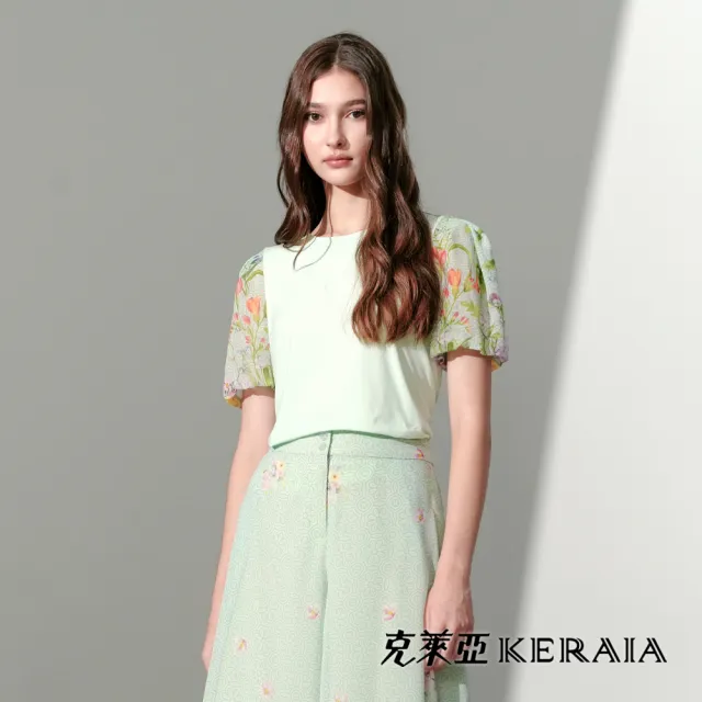 【KERAIA 克萊亞】翠雅花韻異素材拼接袖上衣