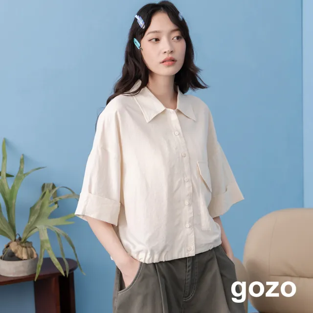 【gozo】單邊口袋下擺抽繩涼感襯衫(淺藍/米白)
