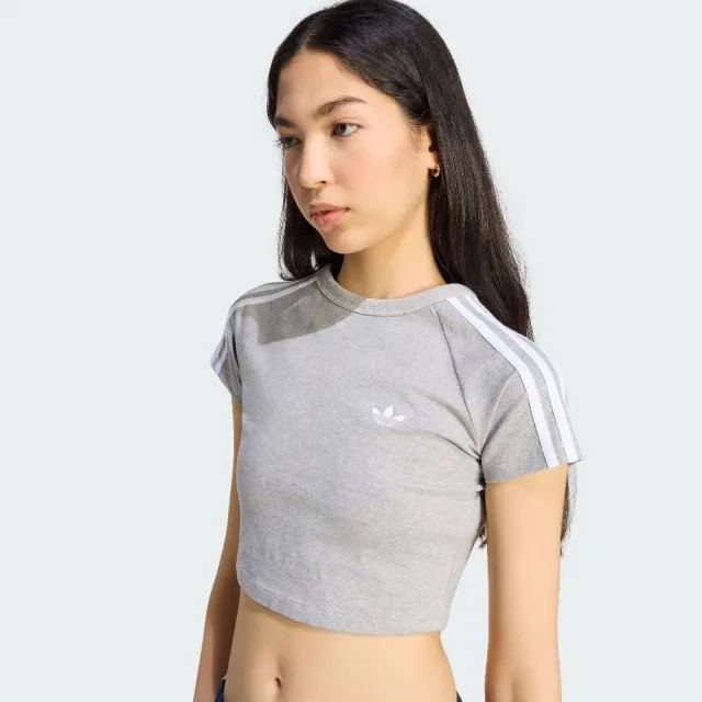 【adidas 愛迪達】短版短袖上衣 KS4705 女款ORIGINALS緊身U領短版T恤 灰色