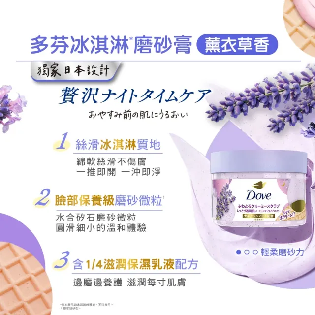【Dove 多芬】去角質冰淇淋身體磨砂膏4入(薰衣草/櫻花/藍莓/石榴/櫻花/楓糖餅乾/奇異果籽和蘆薈)