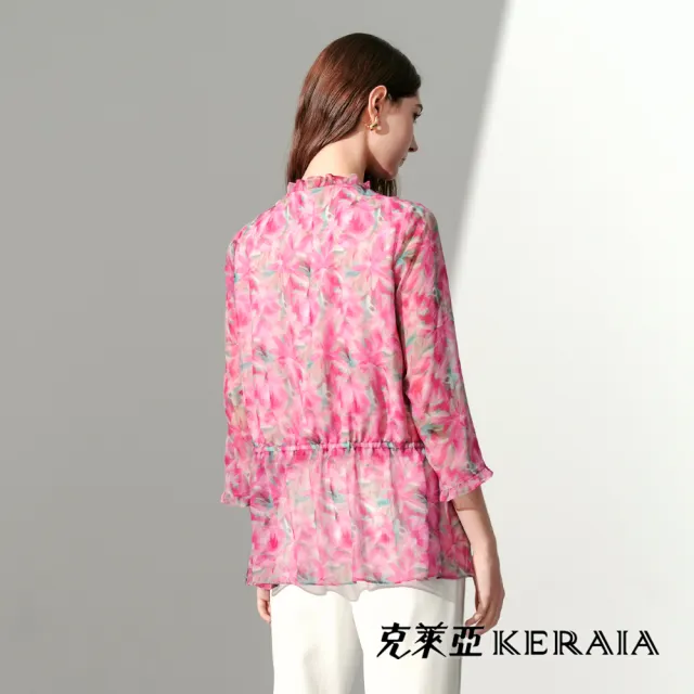 【KERAIA 克萊亞】桃粉戀花影印花雪紡長罩衫