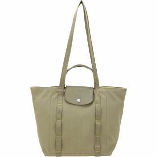 【LONGCHAMP】Le Pliage Collection 縫線織帶 帆布手提 肩背托特包(地衣綠 兩用包 通勤包)
