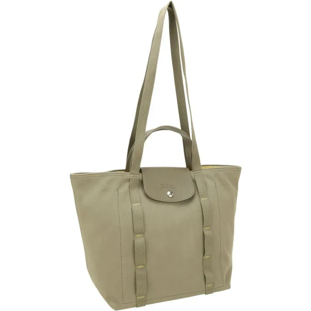 【LONGCHAMP】Le Pliage Collection 縫線織帶 帆布手提 肩背托特包(地衣綠 兩用包 通勤包)