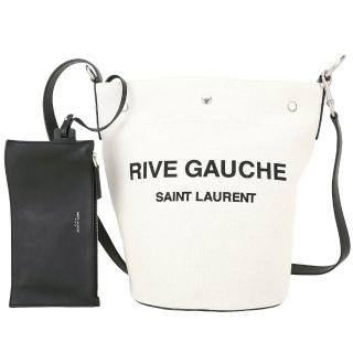 【YSL】Saint Laurent Rive Gauche 字母帆布可調肩背/斜背水桶包 附可拆萬用袋(黑色 大容量 字母)