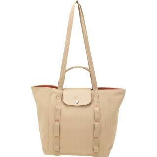 【LONGCHAMP】Le Pliage Collection 縫線織帶 帆布手提 肩背托特包(米色 兩用包 通勤包)