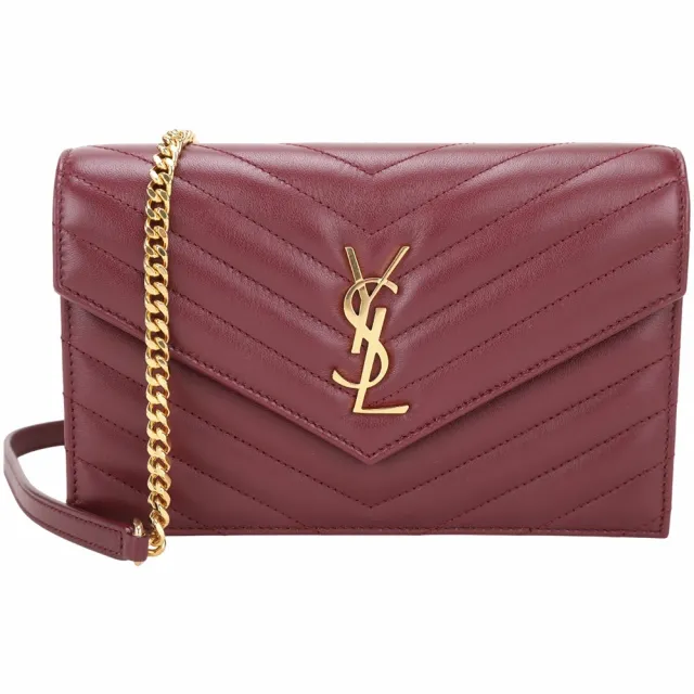 【YSL】Saint Laurent CASSANDRE 金字絎縫羊皮鍊帶斜背包(深紅 手拿包 信封包)