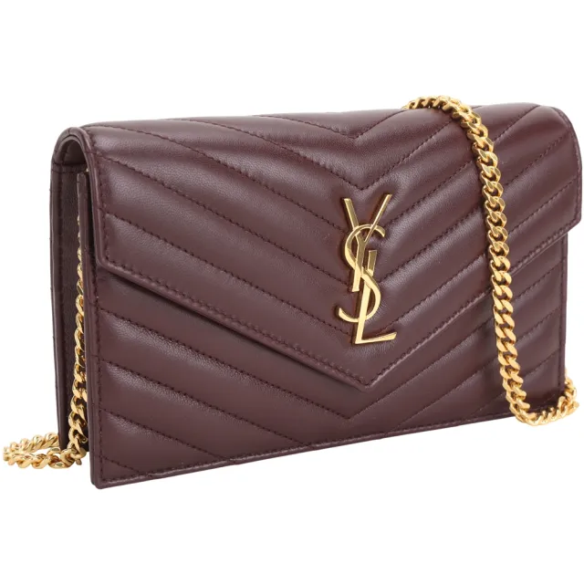 【YSL】Saint Laurent Cassandre 金字絎縫羊皮鍊帶斜背包(酒紅 手拿包 信封包)