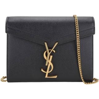【YSL】Saint Laurent Cassandra 小牛皮金屬字母轉扣信封鍊帶/手拿包(黑色 肩背包 鍊包)