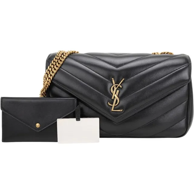 【YSL】Saint Laurent LOULOU MATELASSE 中型 金字絎縫羊皮信封式鍊帶肩斜背包(黑色 翻蓋 鍊包)