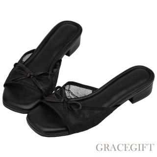 【Grace Gift】柔霧網紗蝴蝶結低跟方頭涼拖鞋 (黑)