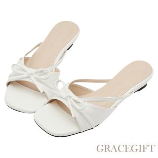 【Grace Gift】法式優雅細帶蝴蝶結低跟方頭涼拖鞋 (白)