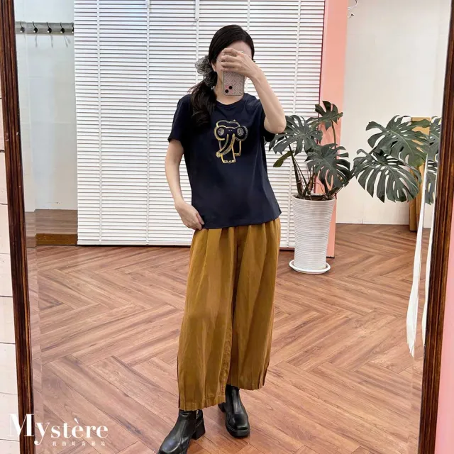 【my stere 我的時尚秘境】法式塗鴉撞色鑲鑽大象T 藏青 親膚T恤 彈性T 休閒T 涼感T
