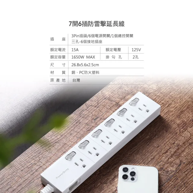 2入組【PowerSync 群加】7開6插防雷擊延長線/1.8M(TS76T918)