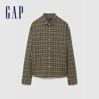 【GAP】寬鬆短款直版牛津襯衫-綠色格紋(909177)