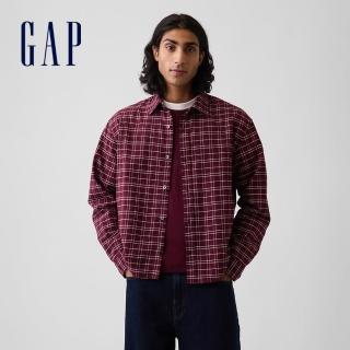 【GAP】寬鬆短款直版牛津襯衫-酒紅格紋(909177)