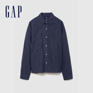 【GAP】寬鬆短款直版牛津襯衫-藍白條紋(909177)