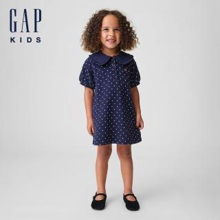 【GAP】嬰兒及幼兒法式毛圈布圈領印花洋裝-藍底白點(912111)