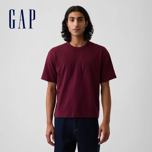 【GAP】重磅寬鬆Gap Logo短版T恤-深酒紅(911578)