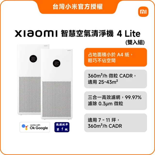【小米】雙機組Xiaomi 空氣空氣清淨機 4 Lite(小米官方授權代理/7-11坪適用/一年保固/米家APP/AC-M17-SC)