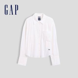 【GAP】有機棉府綢寬鬆短版襯衫-白色(910042)