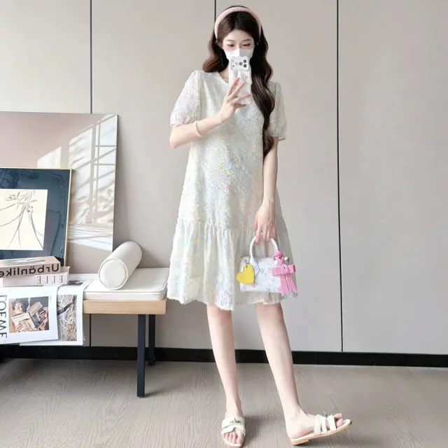 【漂亮小媽咪】夏日 韓系 甜美 緹花 實拍 短袖洋裝 泡泡 短袖 孕婦裝