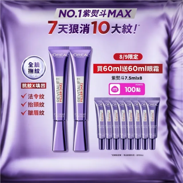 【L’OREAL Paris 巴黎萊雅】全新升級! 玻尿酸眼霜級撫紋精華霜30ml_2入(紫熨斗MAX3.0版)