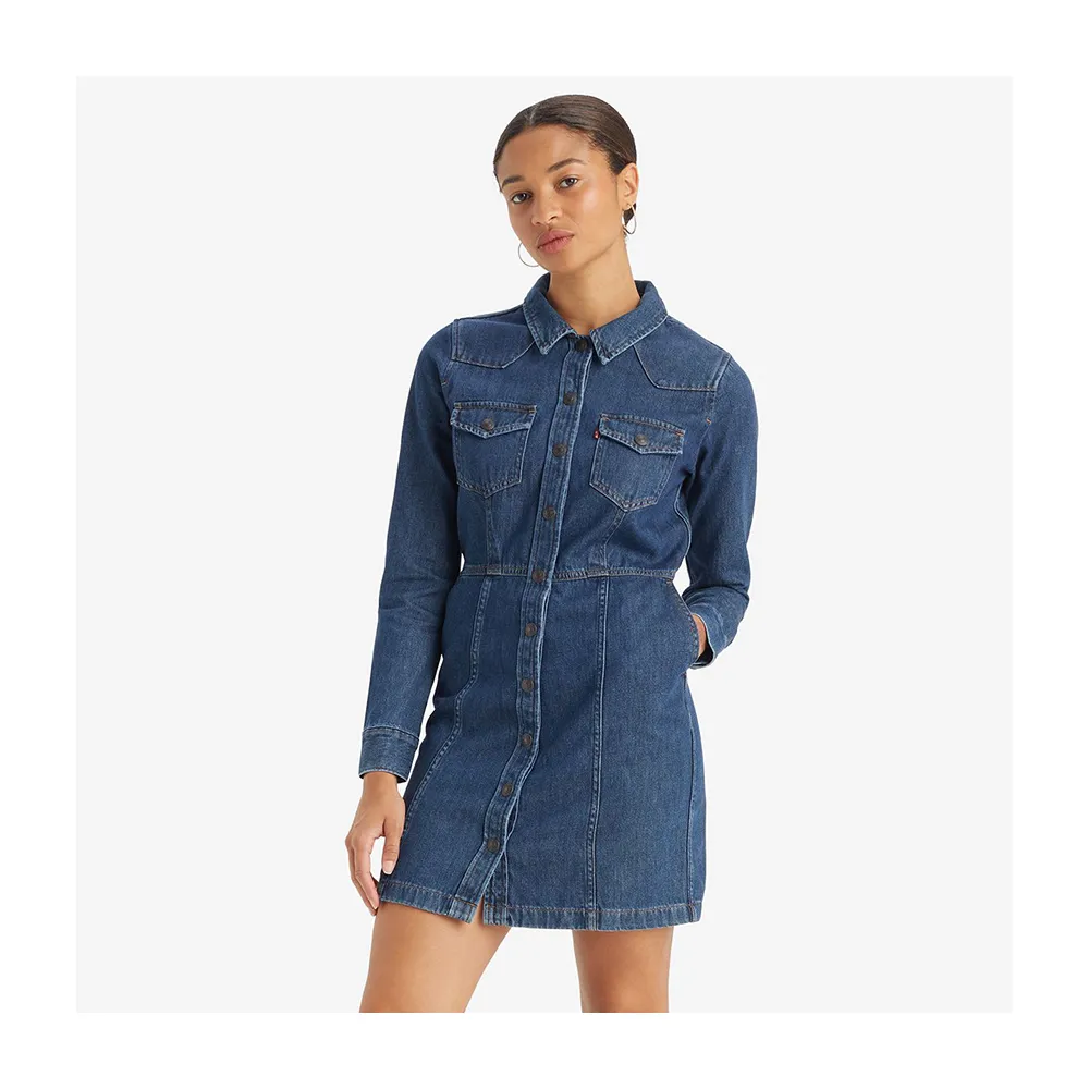 【LEVIS】女款 經典丹寧牛仔長袖洋裝 上衣 熱賣單品 A7592-0000
