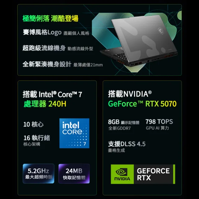 【MSI 微星】15.6吋 Core7 RTX5070 電競筆電(Cyborg 15 Max/Core 7-240H/16G/512G SSD/W11/C2WG-006TW)