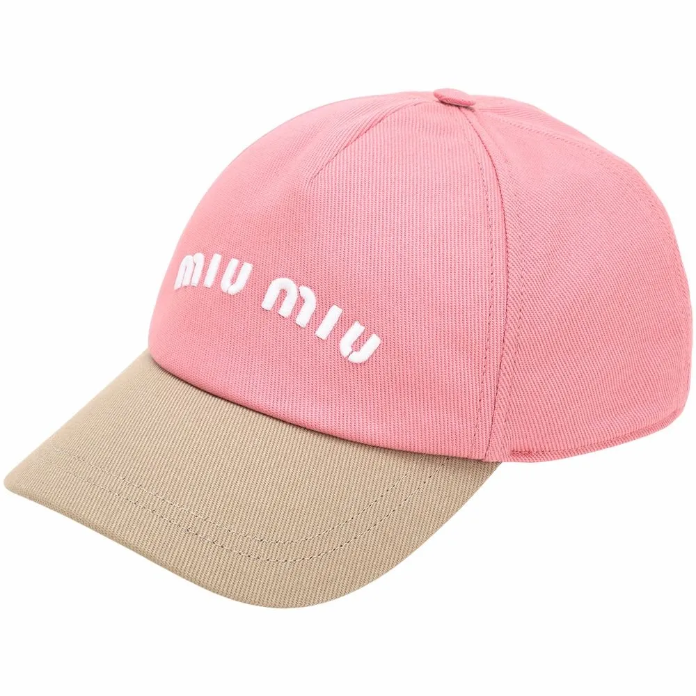 【MIU MIU】字母刺繡 撞色斜紋純棉棒球帽(粉x卡其色)