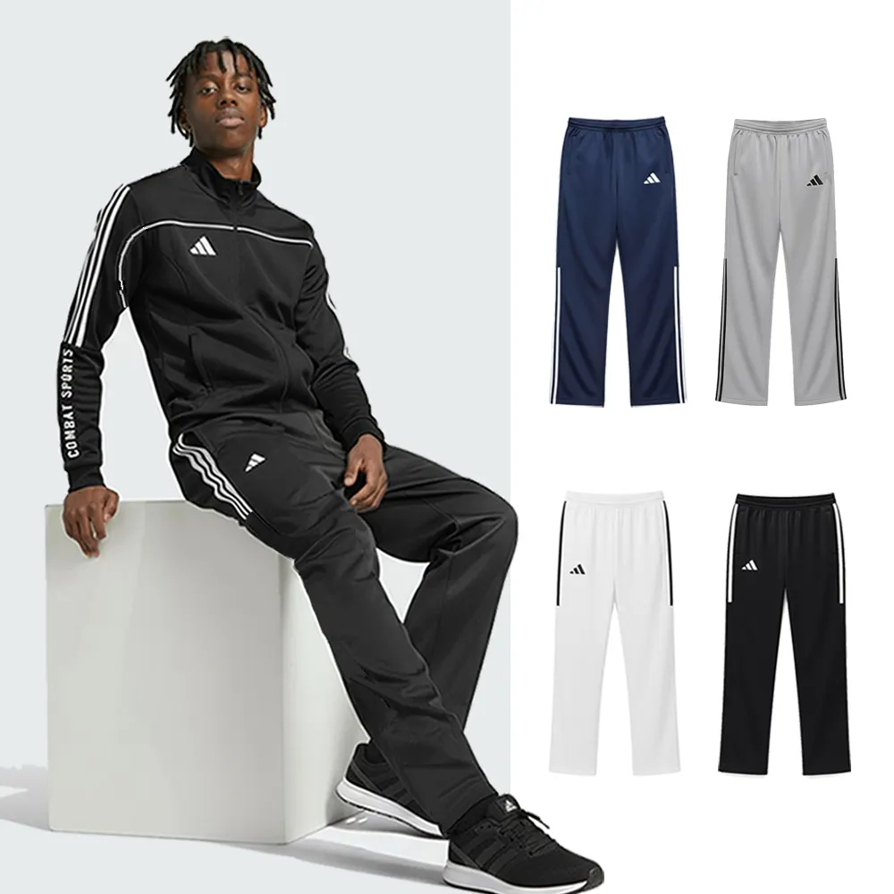 【adidas 愛迪達】線條運動長褲(路跑 慢跑 鬆緊 男女同款 口袋拉鍊 休閒 戶外 健身 直筒 大尺碼)