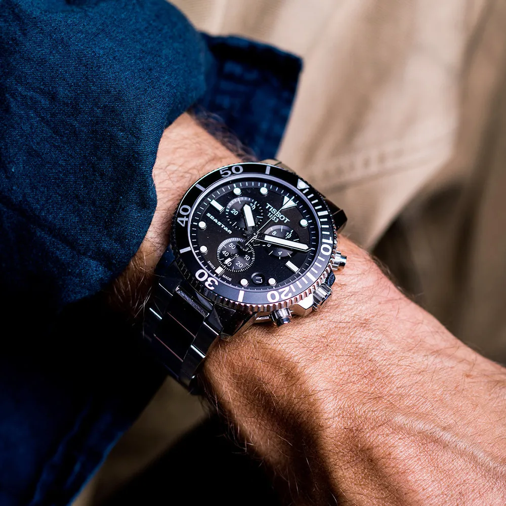 【TISSOT 天梭】Seastar 1000 海洋之星黑水鬼300米潛水三眼計時石英錶-45.5mm 父親節 送禮(T1204171105100)