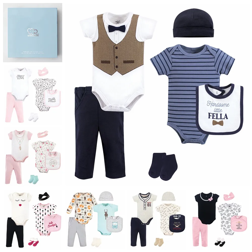 【Hudson Baby】彌月禮盒組-嬰兒短袖包屁衣長褲套裝6件(新生兒嬰兒帽髮帶頭花口水巾)