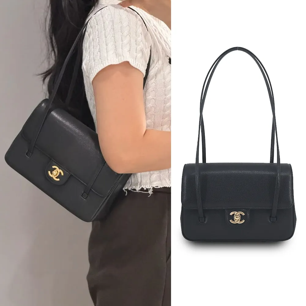 【CHANEL 香奈兒】Preppy coco翻蓋牛皮法棍包(黑/金)