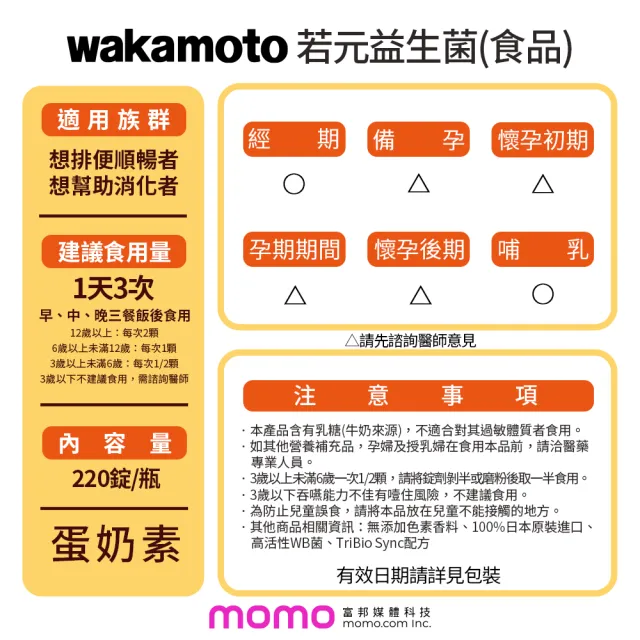 【Wakamoto 若元】若元益生菌 二瓶組(220錠/瓶_食品、獨家高活性WB菌、使排便順暢、日本原裝)